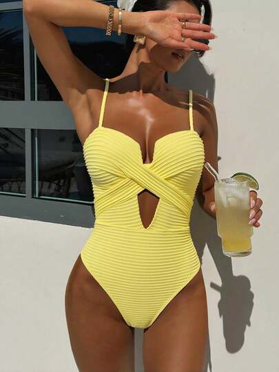 Swim SXY بدلة سباحة قطعة واحدة للنساء بتصميم متقاطع ذات لون واحد، مرفوعة من الأعلى، بدون سلك