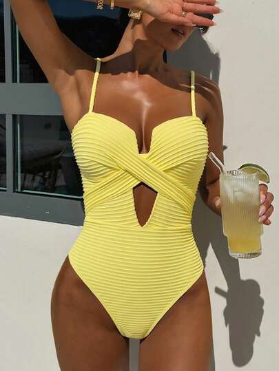 Swim SXY بدلة سباحة قطعة واحدة للنساء بتصميم متقاطع ذات لون واحد، مرفوعة من الأعلى، بدون سلك