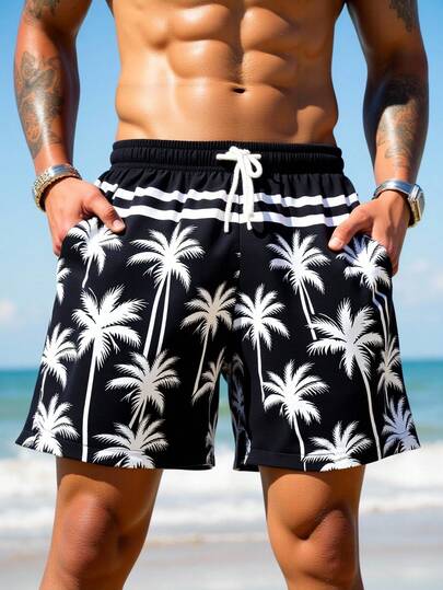 Manfinity Swimmode شورت شاطئ للرجال بخصر مربوط بسحاب وجيوب بطبعة أشجار النخيل
