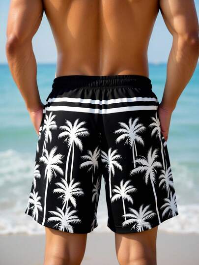 Manfinity Swimmode شورت شاطئ للرجال بخصر مربوط بسحاب وجيوب بطبعة أشجار النخيل