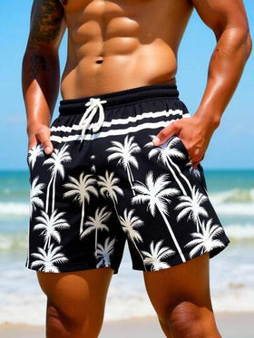 Manfinity Swimmode شورت شاطئ للرجال بخصر مربوط بسحاب وجيوب بطبعة أشجار النخيل
