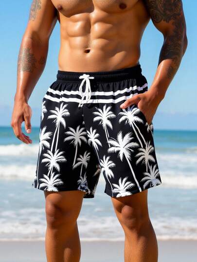 Manfinity Swimmode شورت شاطئ للرجال بخصر مربوط بسحاب وجيوب بطبعة أشجار النخيل