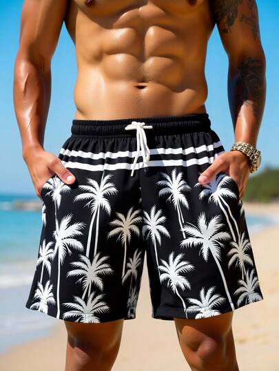 Manfinity Swimmode شورت شاطئ للرجال بخصر مربوط بسحاب وجيوب بطبعة أشجار النخيل