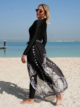Swim Shayni ملابس سباحة جديدة بأكمام طويلة باللون الأسود مع طبعة بايزلي أبيض وأسود شفافة تنورة مطبقة، طقم مكون من قطعتين
