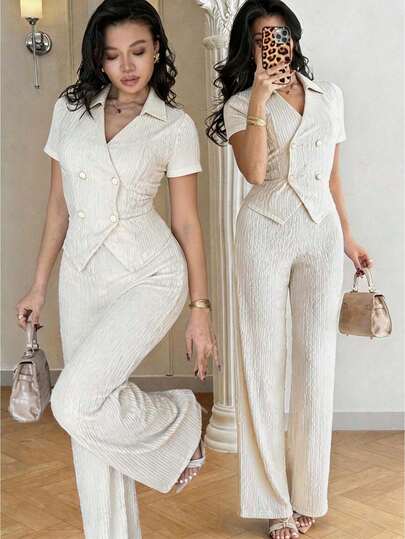 Modelyn طقم ملابس علوية قصيرة الأكمام ذات الصدر المزدوج وبنطال واسع الساق أنيق للذهاب إلى العمل، مكون من قطعتين للنساء