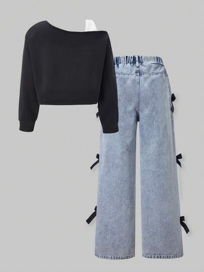 SHEIN مجموعة من قطعتين، ملابس علوية كاجوال طويلة الأكمام مطبوعة بتصميم أكتاف غير متماثل مع بنطال جينز ذو تصميم مرن، مناسبة للاستخدام اليومي، التنقل، الكاجوال، العطلات، التجمعات مع الأصدقاء، والأناقة الشارعية