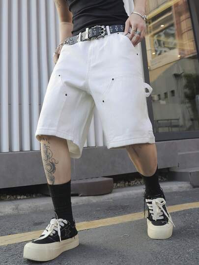 Manfinity Hypemode شورت كاجوال فضفاض من الجينز البيج للرجال في الصيف