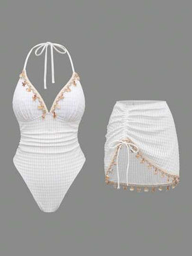 Swim Oasis بيكيني نسائي بلون أحادي مع حزام سلسلة صدفة، بدلة سباحة قطعة واحدة مع خصر قابل للسحب وديكور سلسلة صدفة، مجموعة قطعتين