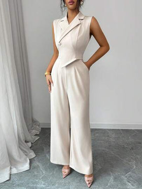 Rafferiza جمبسوت أنيقة بدون أكمام / بخصر ضيق وساق واسعة مناسبة للتنقل والأناقة