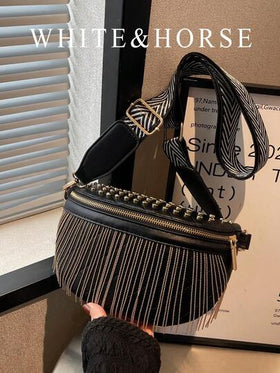 حقيبة الخصر شراشيب و بديكور مرصع مبطن