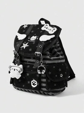 ROMWE Grunge Punk 1 حقيبة ظهر كبيرة السعة مناسبة للتنقل والمدرسة والعطلات، بتصميم نجمي مزين بأجنحة قطة وبصمات قدم القطة، بطراز كلية بانك، ذات جيوب متعددة، بخطوط وألوان أسود وأبيض، مناسبة للجنسين وأنيقة وعصرية