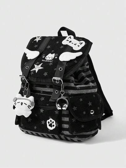 ROMWE Grunge Punk 1 حقيبة ظهر كبيرة السعة مناسبة للتنقل والمدرسة والعطلات، بتصميم نجمي مزين بأجنحة قطة وبصمات قدم القطة، بطراز كلية بانك، ذات جيوب متعددة، بخطوط وألوان أسود وأبيض، مناسبة للجنسين وأنيقة وعصرية