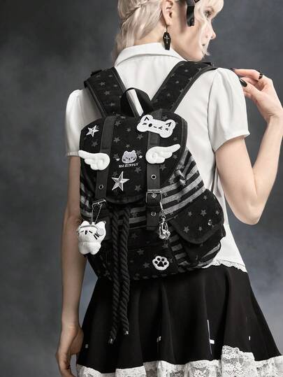 ROMWE Grunge Punk 1 حقيبة ظهر كبيرة السعة مناسبة للتنقل والمدرسة والعطلات، بتصميم نجمي مزين بأجنحة قطة وبصمات قدم القطة، بطراز كلية بانك، ذات جيوب متعددة، بخطوط وألوان أسود وأبيض، مناسبة للجنسين وأنيقة وعصرية