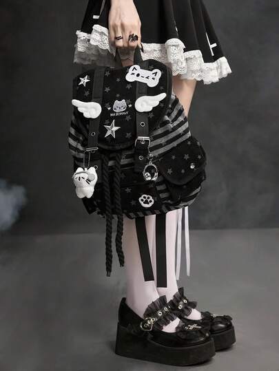 ROMWE Grunge Punk 1 حقيبة ظهر كبيرة السعة مناسبة للتنقل والمدرسة والعطلات، بتصميم نجمي مزين بأجنحة قطة وبصمات قدم القطة، بطراز كلية بانك، ذات جيوب متعددة، بخطوط وألوان أسود وأبيض، مناسبة للجنسين وأنيقة وعصرية