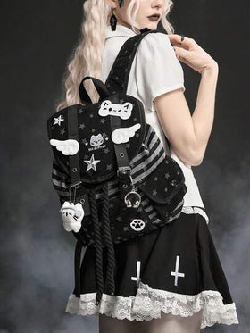 ROMWE Grunge Punk 1 حقيبة ظهر كبيرة السعة مناسبة للتنقل والمدرسة والعطلات، بتصميم نجمي مزين بأجنحة قطة وبصمات قدم القطة، بطراز كلية بانك، ذات جيوب متعددة، بخطوط وألوان أسود وأبيض، مناسبة للجنسين وأنيقة وعصرية