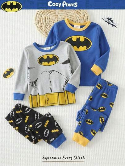 BATMAN X Cozy Pixies 4 قطع طقم بيجاما مناسب للأولاد الصغار، طباعة أبطال خارقين كرتونية، ملابس علوية كم طويل رقبة طاقم ناعم والبنطلون طويل الخصر مطاطي
