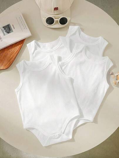 Loomiva 4 قطع/مجموعة بدلة كاجوال صلبة اللون مصنوعة من الأكريليك للأطفال الرضع البنين/البنات، مناسبة للصيف