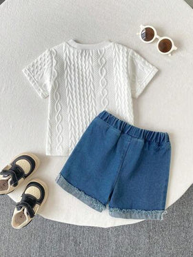 SHEIN Playful Pals مجموعتان من المصارين القطنية المريحة والكاجوال للأطفال الصغار المكونة من سروال قصير ممزق جينز ، وقميص مضفور من القطن، مناسب للربيع والصيف للأطفال من عمر 0-3 سنوات