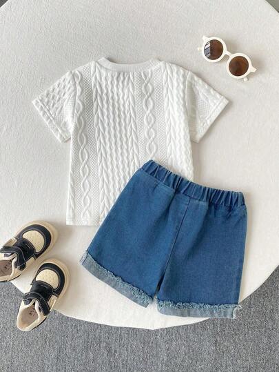 SHEIN Playful Pals مجموعتان من المصارين القطنية المريحة والكاجوال للأطفال الصغار المكونة من سروال قصير ممزق جينز ، وقميص مضفور من القطن، مناسب للربيع والصيف للأطفال من عمر 0-3 سنوات