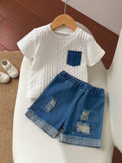 SHEIN Playful Pals مجموعتان من المصارين القطنية المريحة والكاجوال للأطفال الصغار المكونة من سروال قصير ممزق جينز ، وقميص مضفور من القطن، مناسب للربيع والصيف للأطفال من عمر 0-3 سنوات