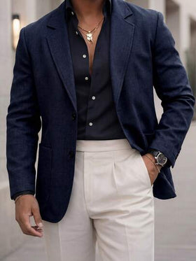 Manfinity Bizformal بدلة رجالية باللون الأزرق الداكن، جاكيت رجالية كاجوال للتنقل، ملابس علوية ملابس يومية بسيطة