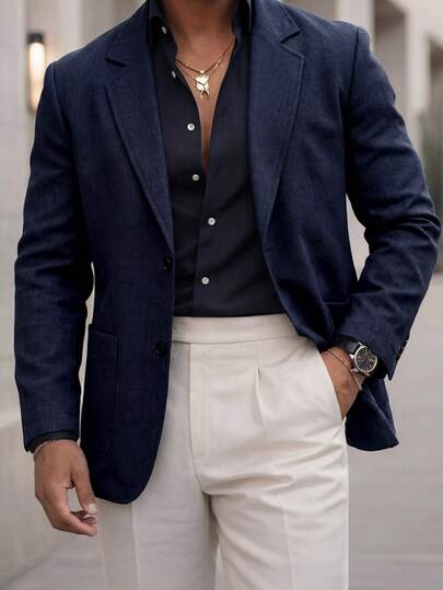 Manfinity Bizformal بدلة رجالية باللون الأزرق الداكن، جاكيت رجالية كاجوال للتنقل، ملابس علوية ملابس يومية بسيطة