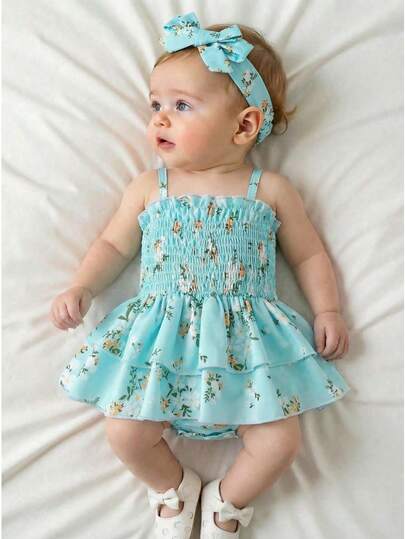 SHEIN Vintaside Kids رومبير بحمالات رفيعة مع حافة مكسرة، تصميم مرح للارتداء اليومي للبنات الصغيرات