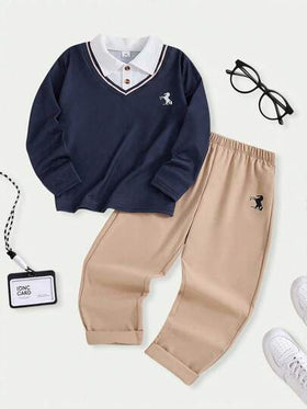 SHEIN Casuvi Kids مجموعة بولو بياقة بحرية للأولاد المراهقين 2 في 1 مطرزة بخطوط، وبنطلون ساق مستقيمة بلون الخاكي، مناسبة للاستخدام اليومي والكمبوس الرجعي والملابس الرياضية الشارعية وعودة للمدرسة في الربيع والخريف