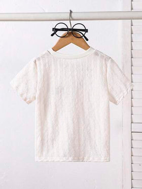 SHEIN ملابس علوية قصير الأكمام كاجوال مصنوع من قماش جيرسيه للأولاد الصغار، لون سادة متعدد الاستخدامات بياقة طاقم، مناسب للارتداء اليومي والخروجات الترفيهية، مجموعة صيفية جديدة