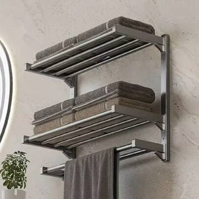 رف المنشفة - تصميم بدون ثقب، رف حمام مثبت على الحائط، تصميم حمام موفر للمساحة - تركيب سهل، يمكن أن يحمل العديد من المناشف وسلة الحمام