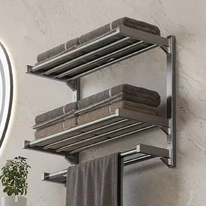 رف المنشفة - تصميم بدون ثقب، رف حمام مثبت على الحائط، تصميم حمام موفر للمساحة - تركيب سهل، يمكن أن يحمل العديد من المناشف وسلة الحمام