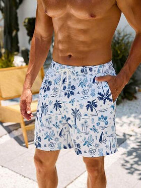 Manfinity Swimmode شورت كاجوال للرجال بطبعة استوائية وخصر بسحاب وجيوب مائلة فضفاض للشاطئ، صيفي