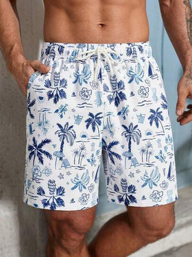 Manfinity Swimmode شورت كاجوال للرجال بطبعة استوائية وخصر بسحاب وجيوب مائلة فضفاض للشاطئ، صيفي