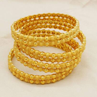 4 قطع مجموعة أساور، أساور ذهبية مطلية أنيقة تقليدية مرصعة + أساور خرز ملساء مزدوجة الصف مغلقة، مناسبة للاستخدام اليومي للنساء وكهدية