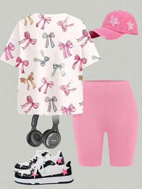 Emery Rose Kids Emery Rose Kids مجموعة بقطعتين من تي-شيرت بأكمام قصيرة مريح وبتصميم فرفشة وشورت صيفي لفتيات المراهقات
