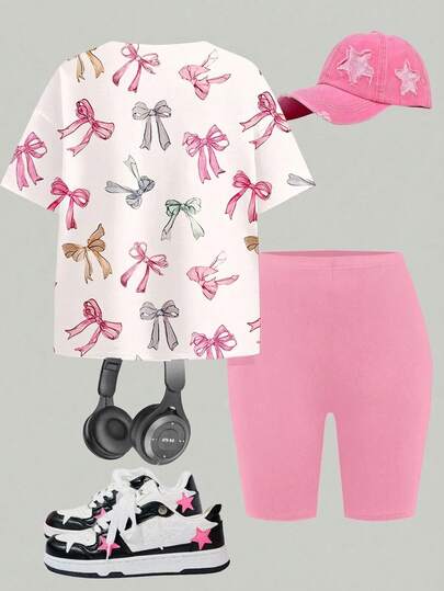 Emery Rose Kids Emery Rose Kids مجموعة بقطعتين من تي-شيرت بأكمام قصيرة مريح وبتصميم فرفشة وشورت صيفي لفتيات المراهقات