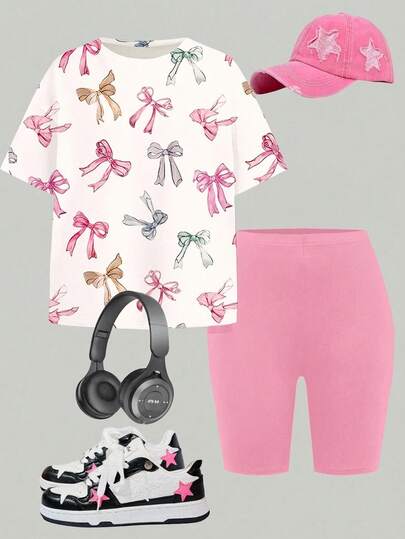 Emery Rose Kids Emery Rose Kids مجموعة بقطعتين من تي-شيرت بأكمام قصيرة مريح وبتصميم فرفشة وشورت صيفي لفتيات المراهقات