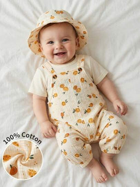 SHEIN Playful Pals رومبير رضيع ذات نمط ثمرة المشمش مع قبعة، مناسبة للخروجات اليومية، التجمعات العائلية، حفلات عيد الميلاد، المناسبات، التصوير الفوتوغرافي، ملابس عيد الحب
