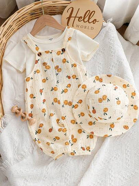 SHEIN Playful Pals رومبير رضيع ذات نمط ثمرة المشمش مع قبعة، مناسبة للخروجات اليومية، التجمعات العائلية، حفلات عيد الميلاد، المناسبات، التصوير الفوتوغرافي، ملابس عيد الحب