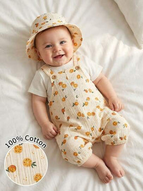 SHEIN Playful Pals رومبير رضيع ذات نمط ثمرة المشمش مع قبعة، مناسبة للخروجات اليومية، التجمعات العائلية، حفلات عيد الميلاد، المناسبات، التصوير الفوتوغرافي، ملابس عيد الحب