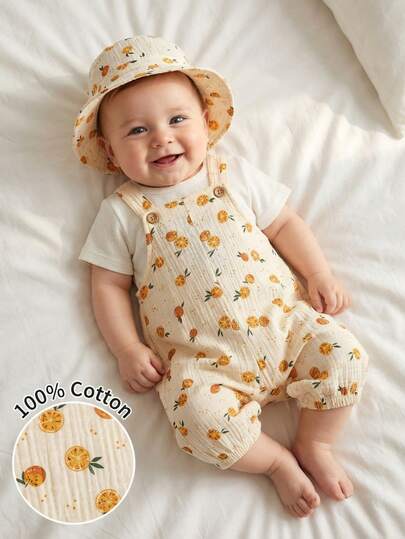SHEIN Playful Pals رومبير رضيع ذات نمط ثمرة المشمش مع قبعة، مناسبة للخروجات اليومية، التجمعات العائلية، حفلات عيد الميلاد، المناسبات، التصوير الفوتوغرافي، ملابس عيد الحب