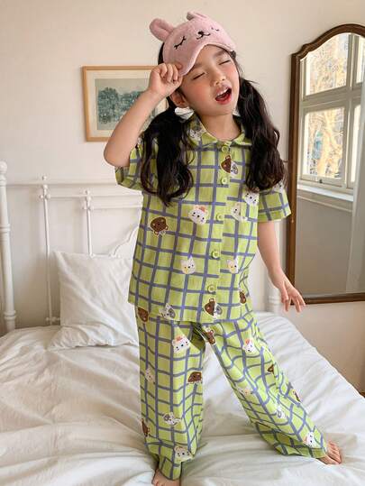 DAZY طقم بيجامة للفتاة الصغيرة مكون من قميص كاجوال قصير الأكمام مع طباعة حيوانات كرتونية وبنطلون مربعات صيفي