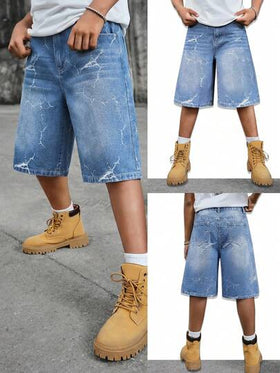 SHEIN شورت جينز واسع الساق بتصميم نمط شارع مبسط بقصة رجعية ممزقة وملمس مهترئ للأولاد المراهقين، ملابس يومية للأولاد المراهقين وملابس ربيع وصيف للحفلات والمهرجانات والملابس الشارعية