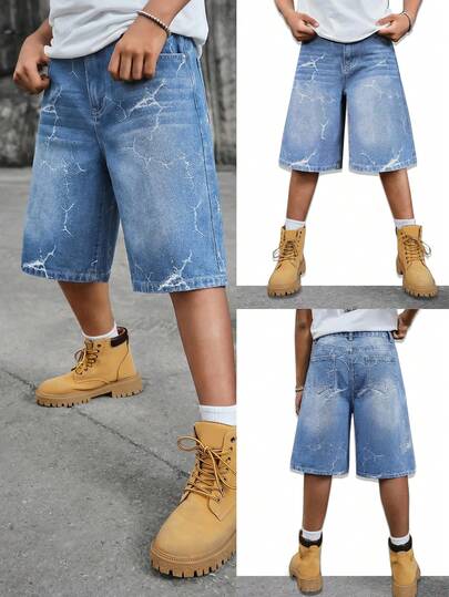 SHEIN شورت جينز واسع الساق بتصميم نمط شارع مبسط بقصة رجعية ممزقة وملمس مهترئ للأولاد المراهقين، ملابس يومية للأولاد المراهقين وملابس ربيع وصيف للحفلات والمهرجانات والملابس الشارعية
