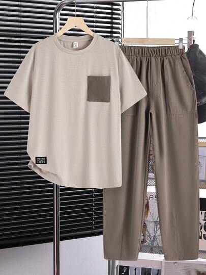 SHEIN مجموعة ملابس علوية وبنطلون قصير بأكمام بتغاير الألوان وجيوب، 2 مجموعة/طقم، متعدد الاستخدامات، مريح للمراهقين
