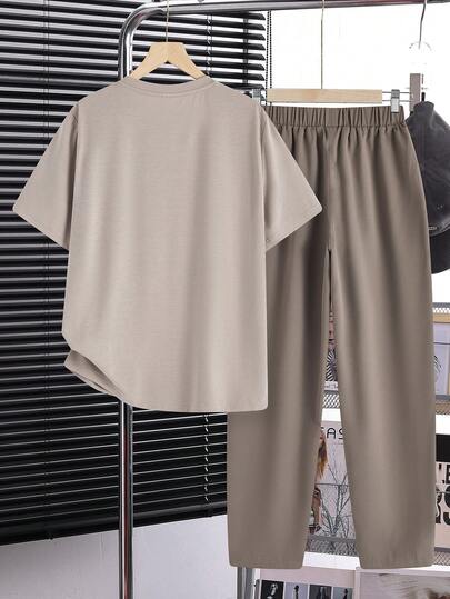 SHEIN مجموعة ملابس علوية وبنطلون قصير بأكمام بتغاير الألوان وجيوب، 2 مجموعة/طقم، متعدد الاستخدامات، مريح للمراهقين