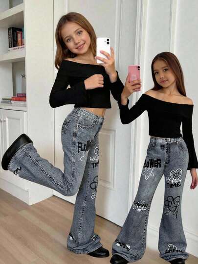 SHEIN مجموعة قطعتين من ملابس علوية قصيرة كتف مكشوف بأكمام طويلة مطرزة بنمط النمر والسراويل الواسعة الساقين باللون الأسود الصلب، ملابس يومية أنيقة للفتيات، ملابس علوية نمر وسراويل سوداء واسعة للأطفال