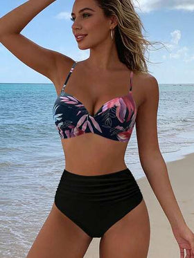بيكيني نسائي عصري ذو خصر مرتفع مزين بالكشكشة، بدلة سباحة بحمالات رفيعة بطبعات بوهيمية، قماش عالي المرونة للعطلات