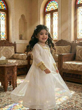 طقم عباءة وفستان شفاف من الشبك الذهبي بياقة متوسطية التقليدية غير متماثلة للفتيات الصغيرات