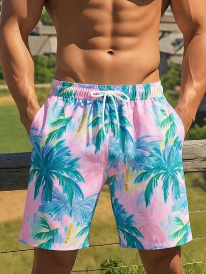 Manfinity Swimmode شورت كاجوال بخصر رباط مطبوع بأشجار النخيل للرجال